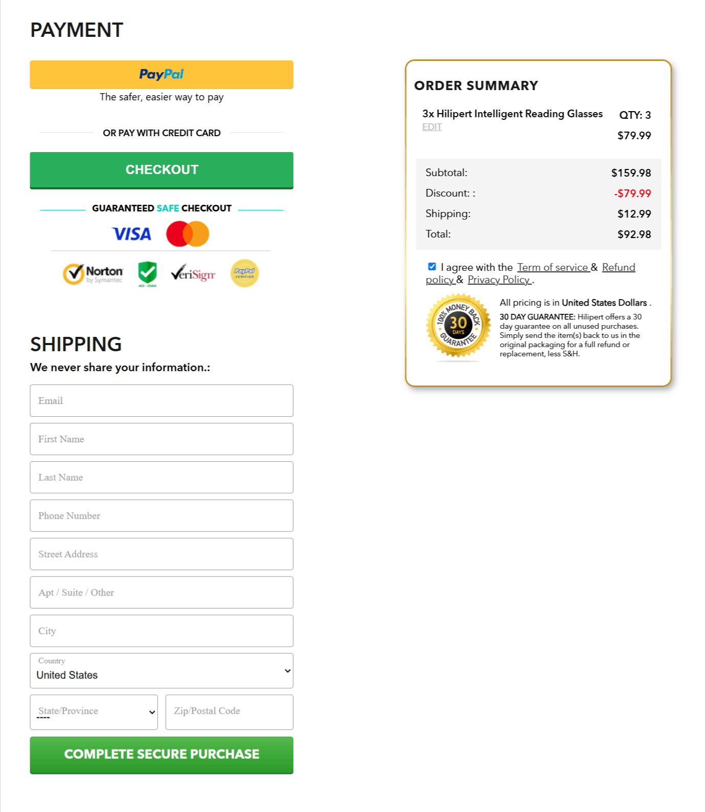 Hilipert Intelligent Glasses checkout page